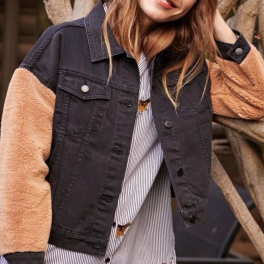 Zara Black Denim Jacket with Tan Sherpa Sleeves